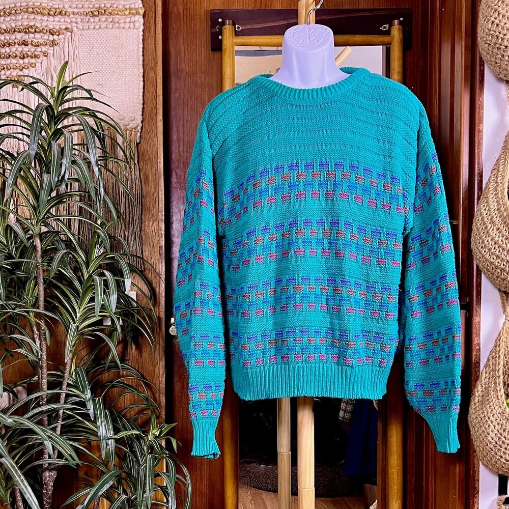 Vintage Colours Alexander Julian Sweater Mens XL Teal Geometric Cotton Knit USA